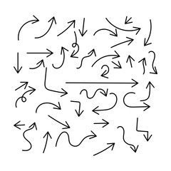 Set of simple hand drawn black arrows. Various simple lines of arrow collection