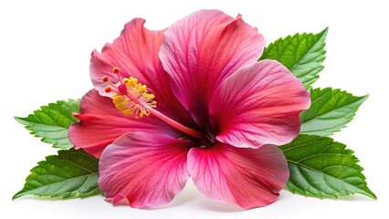 Close up of a vibrant pink hibiscus flower with green leaves