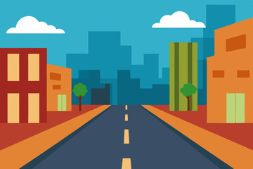 Urban cityscape illustration: a cartoon street scene with a road leading to the city's skyline of buildings and skyscrapers under a cloudy sky
