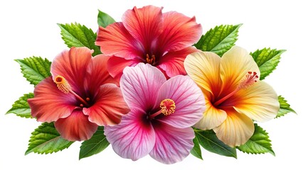 Beautiful cluster of vibrant Hibiscus flowers with lush green leaves on white background