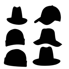 Set of Hat Silhouettes, Headwear Icons, Fashion Accessories Black Hat Collection, Fedora, Beanie,  Symbol Set
