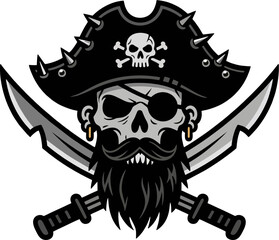 Aggressive Pirate Skull Vector Logo with Spiked Hat and Crossed Swords