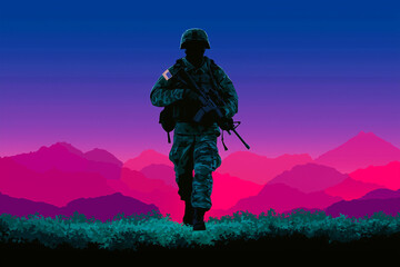 A vector t-shirt design featuring a hand-drawn silhouette of a soldier with a rifle over the American flag, using smooth lines, no shading, and a clean illustration for bold visual impact.