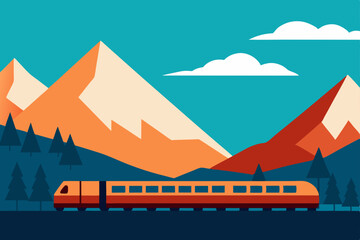 Naklejka premium Scenic Train Journey Through Majestic Mountains A Stunning Travel Illustration