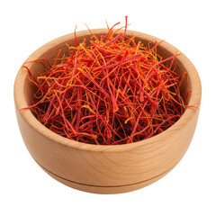 Fototapeta premium Saffron Spice in Wooden Bowl – Dried Threads, Aromatic Culinary Ingredient Isolated on Transparent Background