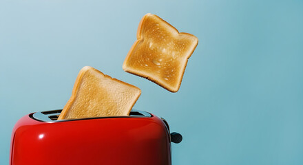 Toast popping out of red toaster against blue background  