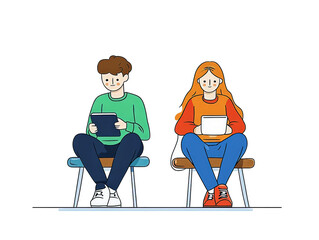 Illustration of young people sitting using electronic devices while studying and browsing the internet, concept of modern education and digital life