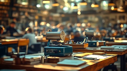 Vintage workspace featuring a meticulously crafted microfiche reader on a wooden table