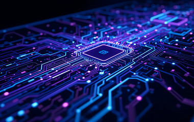 Fototapeta premium A vibrant, high-tech illustration of a computer microchip on a futuristic motherboard. The glowing neon circuits in shades of blue, purple, and pink represent advanced computing technology, data proce