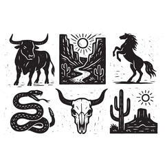 Linocut western boho set vector, Texas desert engraving print collection, vector canyon wildlife, cactus. 
Texture grunge Arizona rodeo graphics, bull, horse, snake, skull silhouette