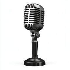 A vintage-style silver and black microphone on a stand with a classic grill design, isolated on a white background.