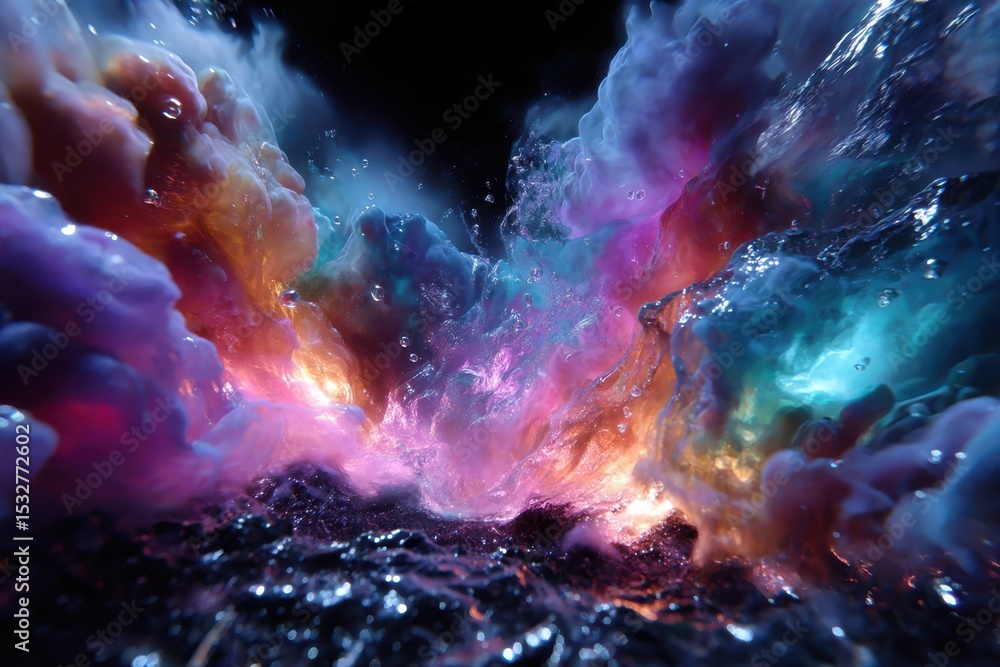 Poster vibrant colorful clouds of swirling colors and bubbles illuminated in a dark background