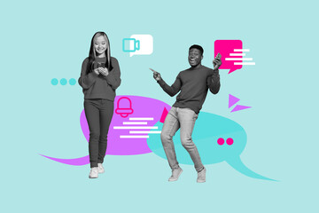 Full 3d poster art collage of happy girl guy hold phone send message bubble communication interface...