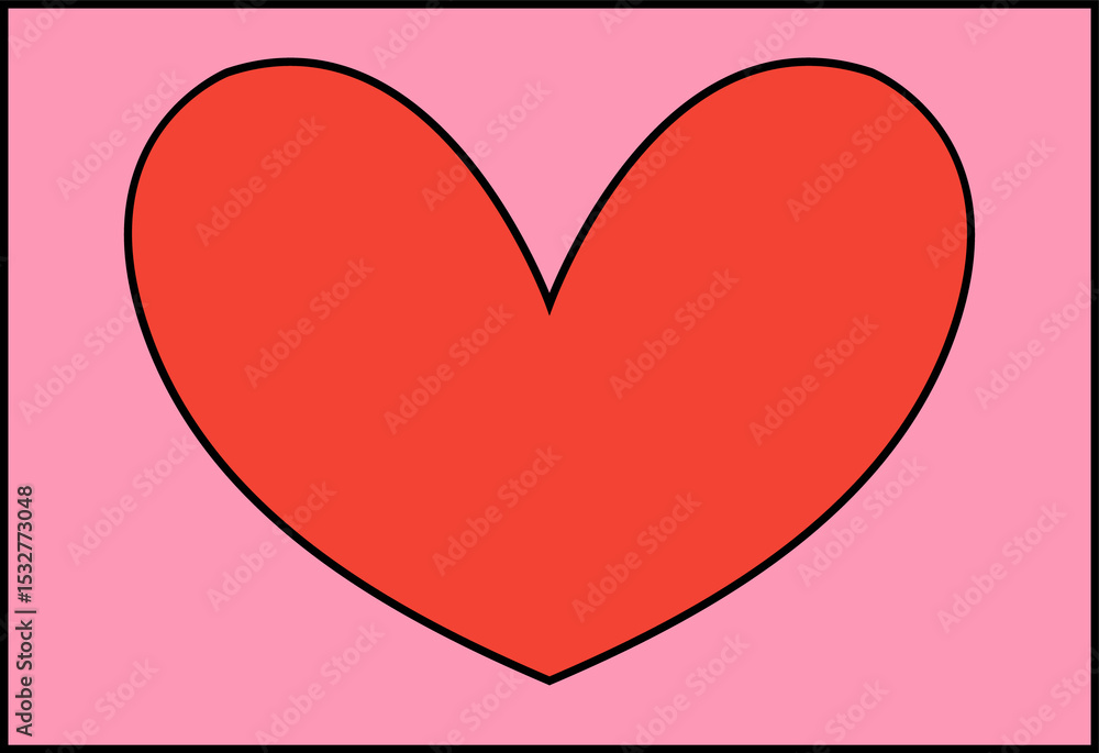 Poster stylized red heart with thick black outline is floating on transparent background in flat design