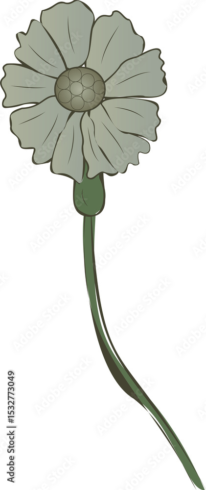 Poster stylized green flower is being shown in flat design with segmented center and stem transparent bg