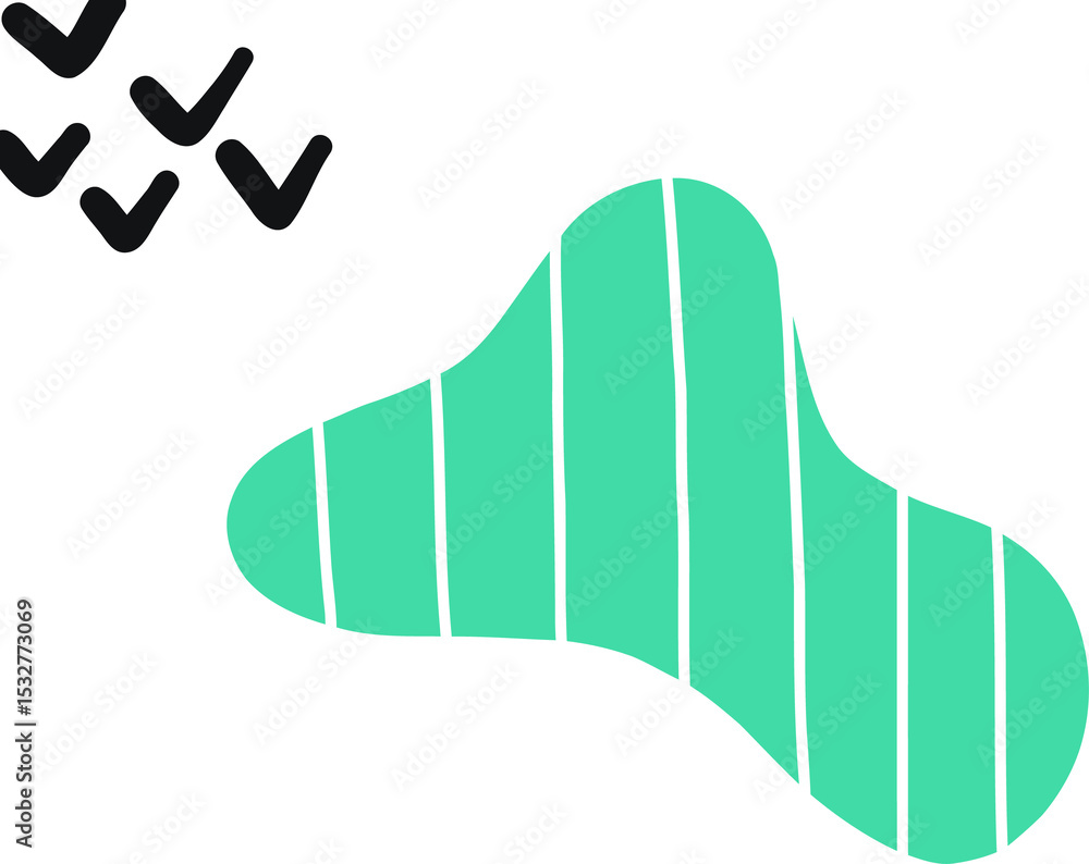 Poster flat design is showing mint-green blob with teal stripes and 7 black ticks on transparent backdrop
