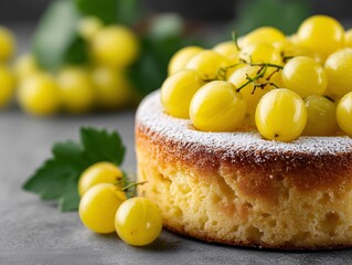 Yellow gooseberry cake with powdered sugar, Fresh gooseberry dessert on table, Homemade summer berry cake for bakery or food concept