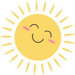 Cartoon sun is radiating smiling pink blush marks and rays in flat design, transparent background
