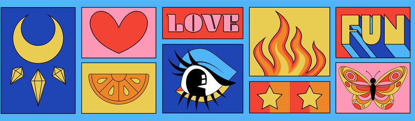 Naklejka premium Pop-art collage showing flat icons of moon, heart, LOVE, flames, FUN on transparent background