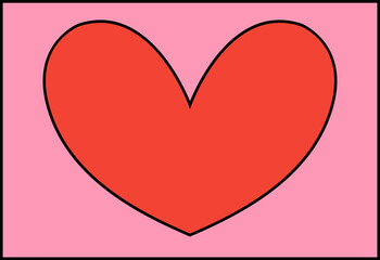 Stylized red heart with thick black outline is floating on transparent background in flat design