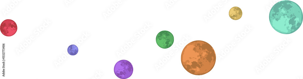 Poster stylized planets are floating in flat design row, showing crater textures on transparent background