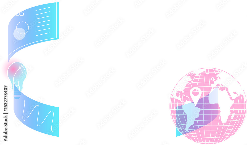 Poster vector showing gradient ribbon linking bulb icon to globe with pins on transparent background