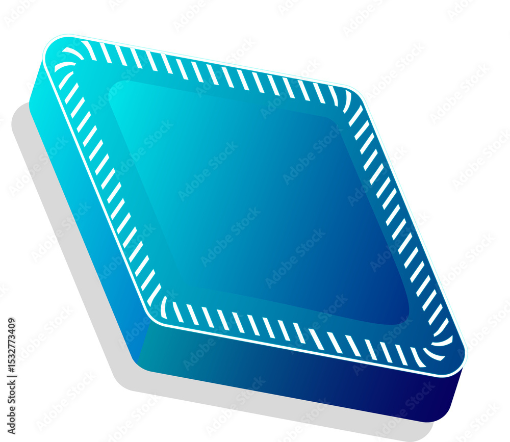 Aufkleber processor chip floating in 3d render with gradient blue top, white stripes, transparent background