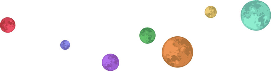Stylized planets are floating in flat design row, showing crater textures on transparent background