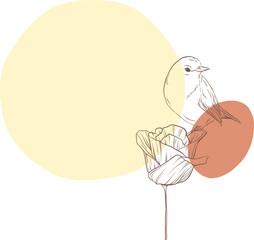 Small bird is perching on abstract flower bloom in minimalist line-art, transparent background