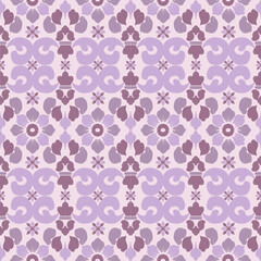 A seamless vintage floral pattern with ornamental swirls in pink, green, and coral hues on a purple background.