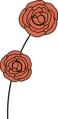 Two stylized red-orange rose blooms are growing on curved black stem, flat, transparent background