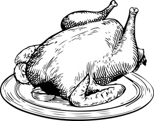 roasted turkey on oval platter is being illustrated in engraved line art, transparent background