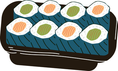 Flat design maki sushi rolls with orange green stripes are lying on board, transparent background © vectorfusionart