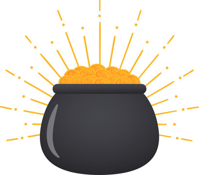 Flat vector cauldron of gold coins is glowing with radiating beams and dots, transparent background