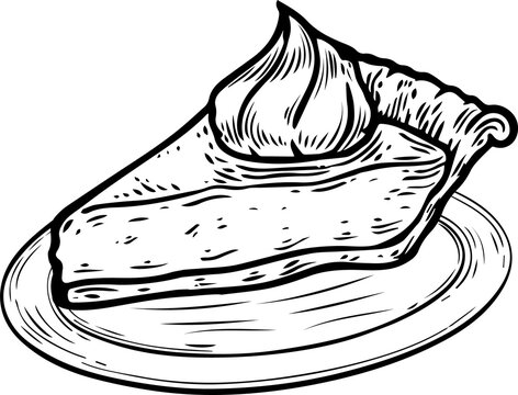 Naklejki Pie slice featuring whipped cream dollop is resting on plate in line art on transparent background