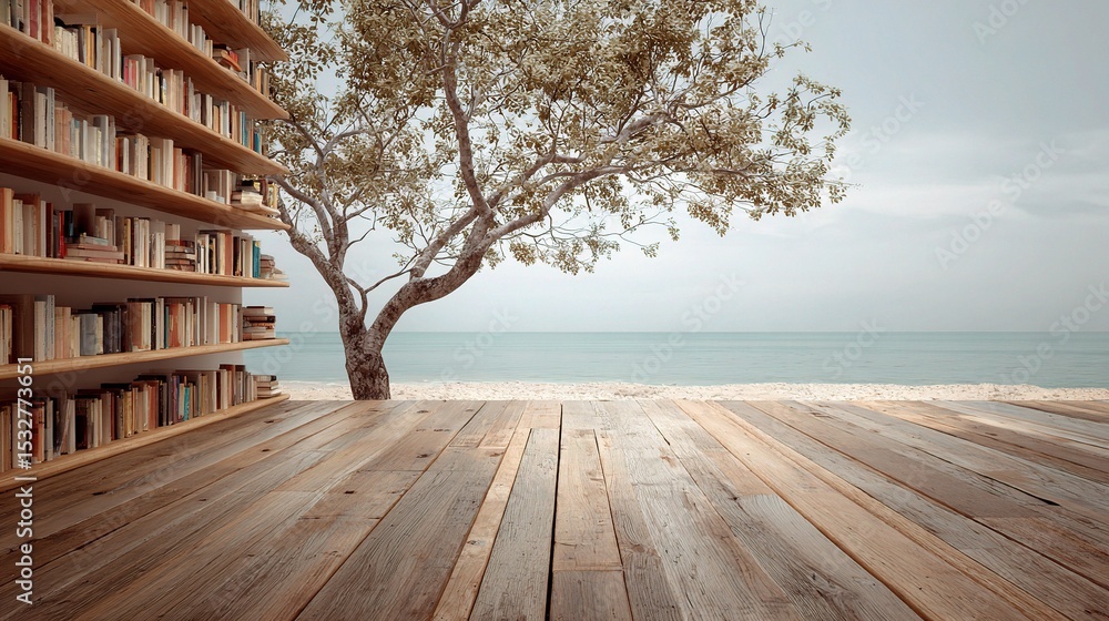 Poster serene contemporary bookshelf with ocean view and tree background