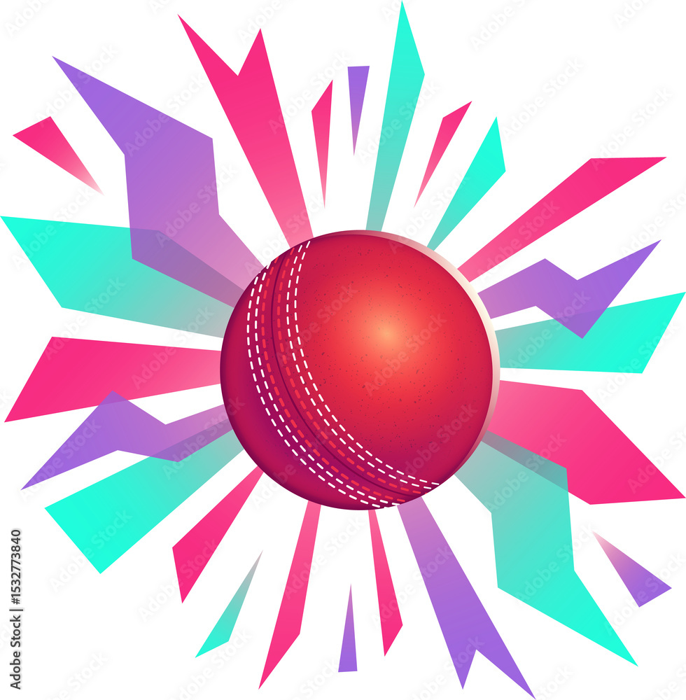 Poster stylized cricket ball is floating in vector art with shards bursting on transparent background