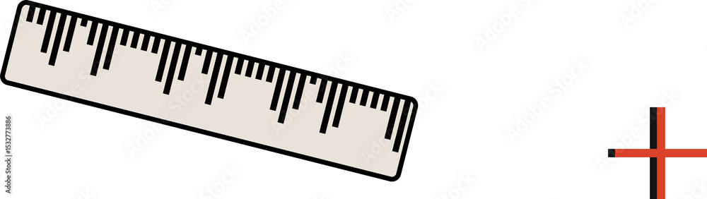 Poster displaying flat design ruler showing black ticks on transparent background and red plus icon