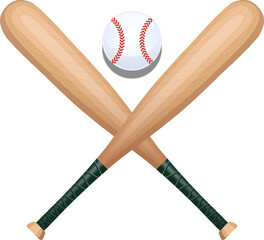 Pair of wooden baseball bats crossing with baseball above in flat design, transparent background