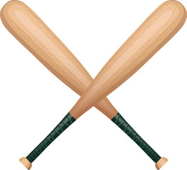 Two wooden baseball bats are crossing in flat style with green tape grips on transparent background