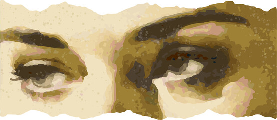 Stylized eyes and brows are showing eye makeup in painterly illustration on transparent background