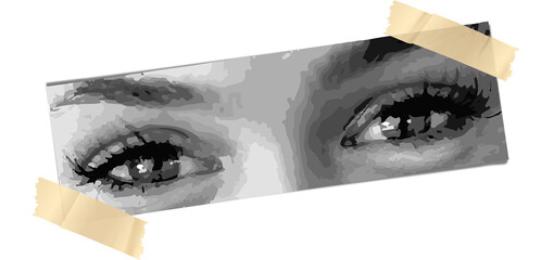 Grayscale stylized eyes are affixed on torn strip with yellow masking tape, transparent background