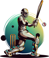 Cricket batsman is swinging bat in flat design with helmet, pads, ball, transparent background