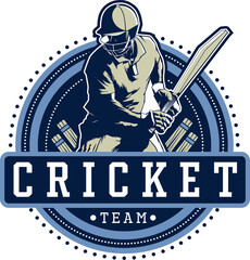 Cricket batsman is swinging bat inside vector logo showing crossed stumps, transparent background