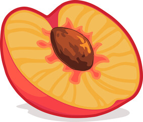 Cartoon-style peach half is resting on transparent background, showing central pit and drop shadow