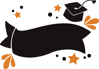 Naklejka premium Stylized illustration is showing ribbon banner with graduation cap, stars on transparent background