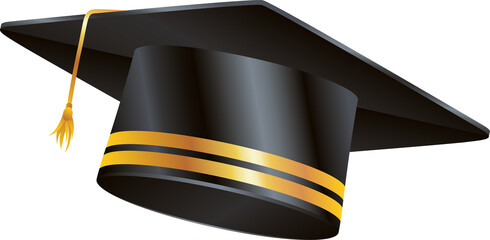 Mortarboard cap is floating in 3D on transparent background showing gold tassel  and  bands, copy sp