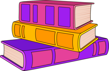 Cartoon-style stack of three books is sitting on transparent background showing colorful covers