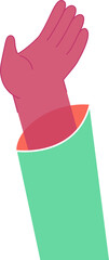 Pink gloved hand is rising from green sleeve orange lining in flat design, transparent background