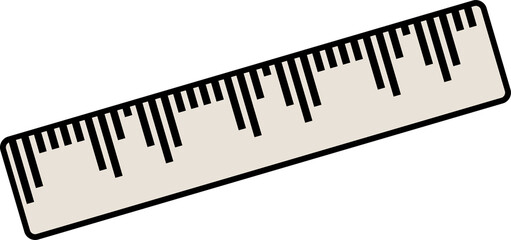 Flat design ruler is floating diagonally on transparent background, showing black measurement ticks